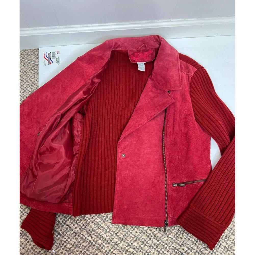 Vintage 90s/Y2K Geuine Red Leather Moto Jacket with Knit Back - Picture 3 of 6